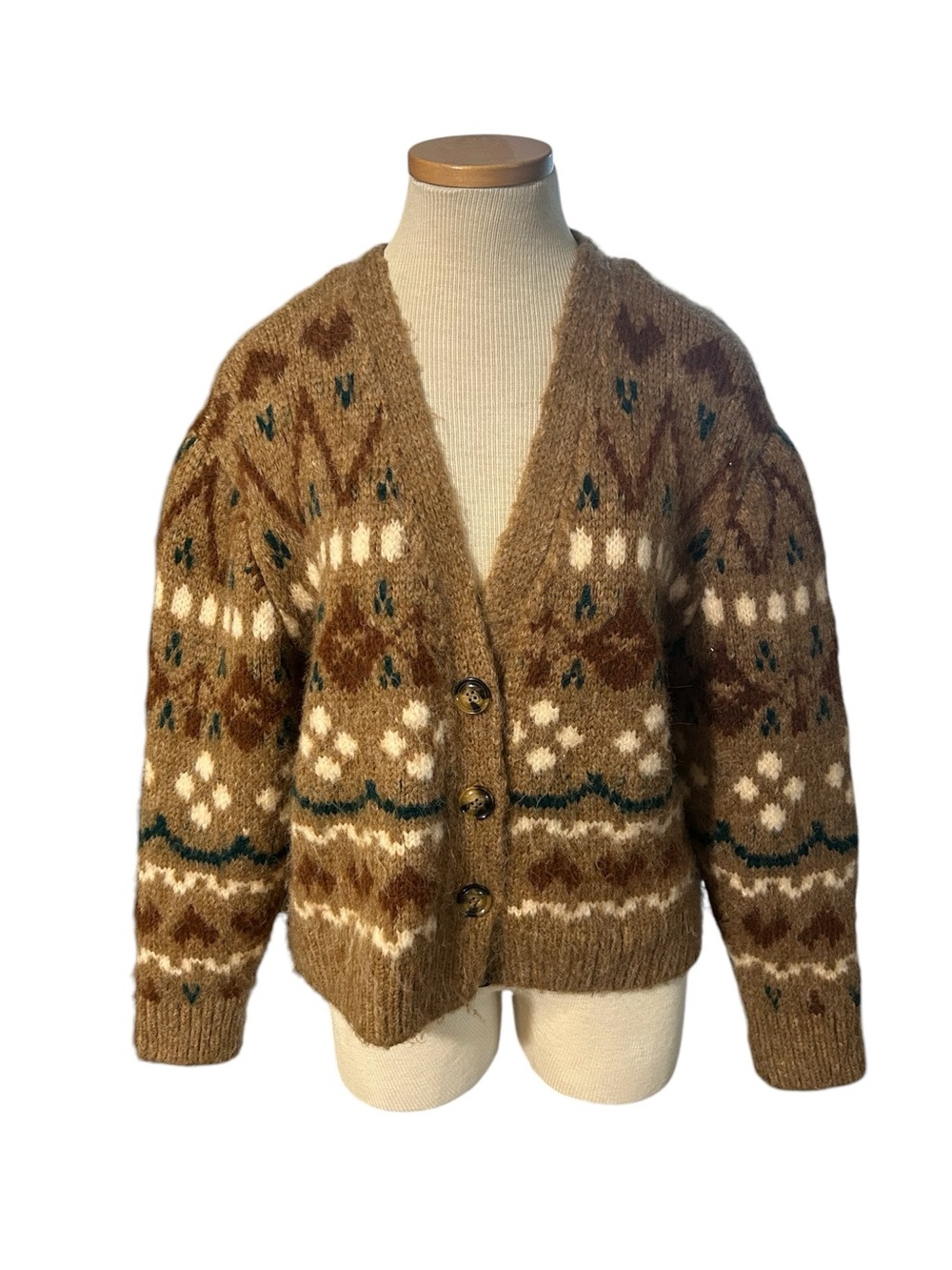 Zara Fair Isle Knit Cardigan Sweater Brown Cream Oversized Size Large - Picture 3 of 8